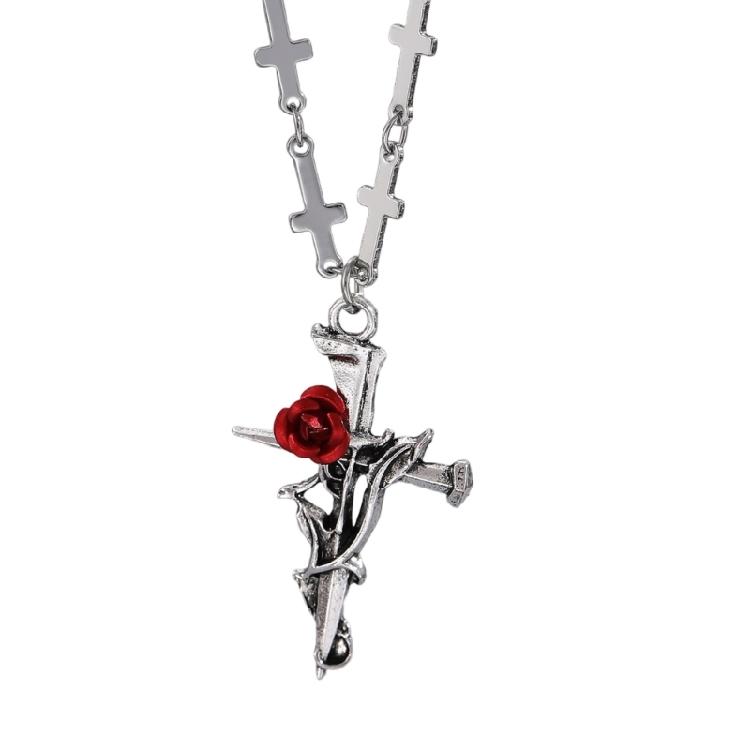 Versatile Crucifix Pendant Chain Rose Detailing Adjustable Necklace for Everyday Outfits Religious Accessory Jewelry