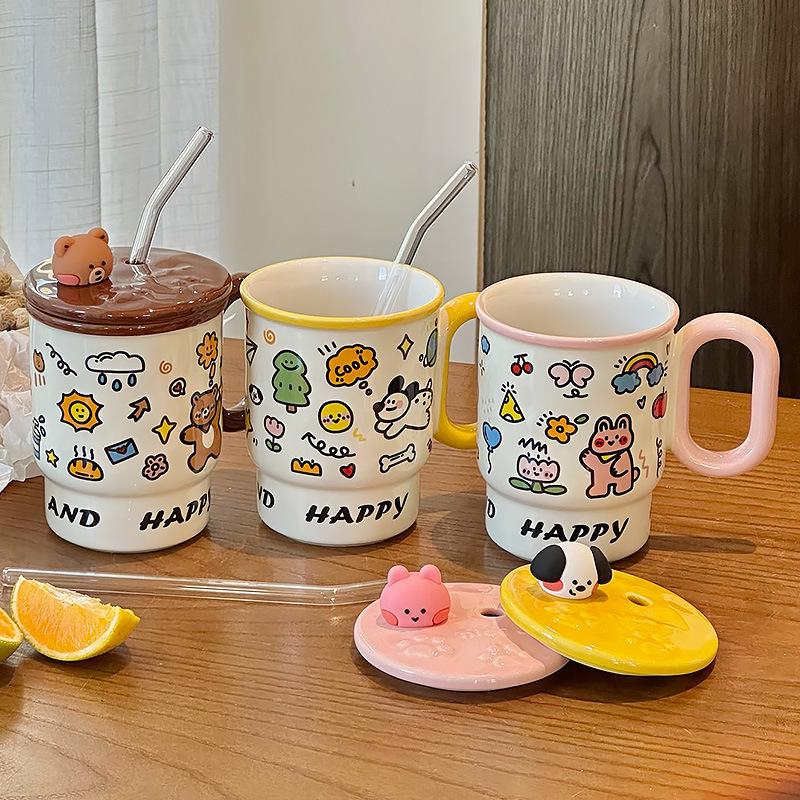 Women's New Style of Straw Water Cup High Value Ceramic Mug with Lid Coffee Cup Household Drinking Cup Gift