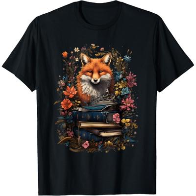 Cottagecore Fox With Books And Flowers For Book Lovers T-Shirt