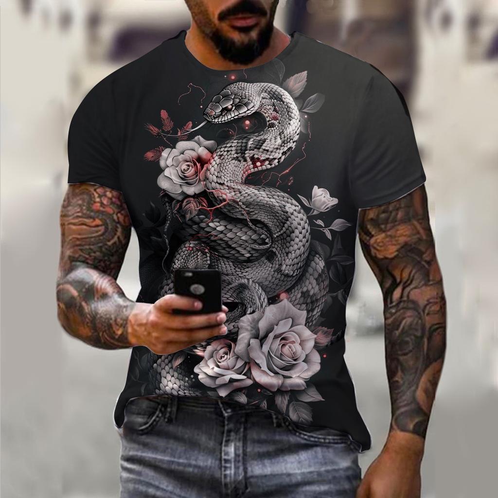 3D Printing 2025 New Year Snake Year Fierce Men's Casual Short Sleeve T-shirt Comfortable Breathable Retro Printed Short Sleeve