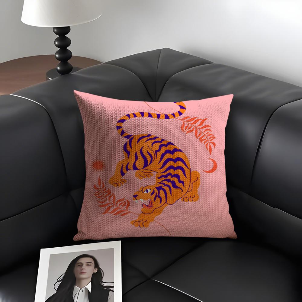 Animal Style Tiger Fashion Cushion Cover Natural Linen Organic Fabric DoubleSided Printing Sofa Home Decor Gift Pillow Case