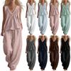 Cotton and Linen Sleeves V-neck Ruffle Edge Wide-leg Trousers Women's Two-piece Set Spring and Summer Solid Color Vest Top Pocket Set