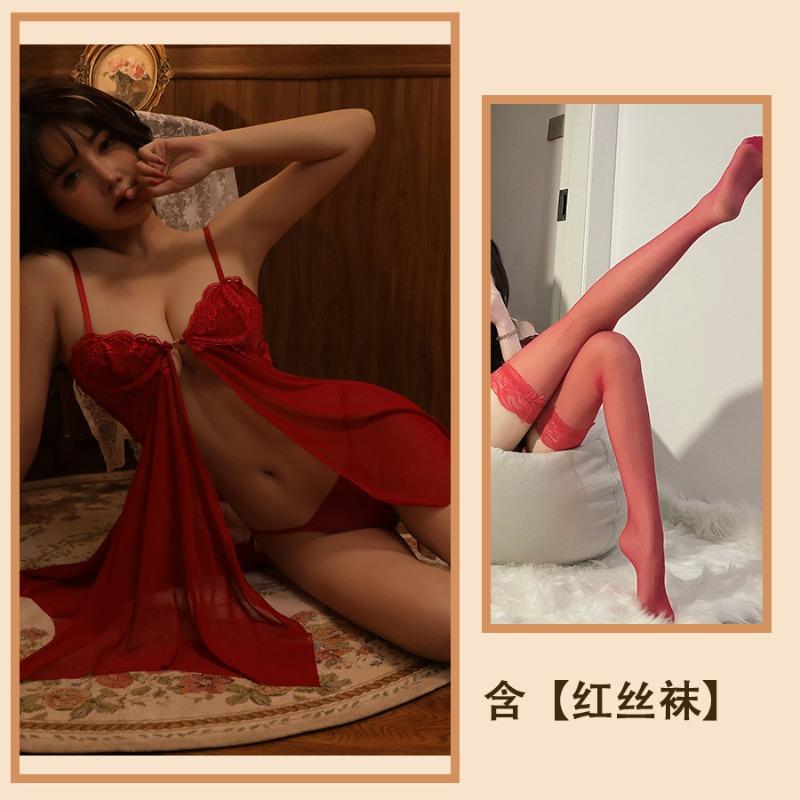 Sexy lingerie front buckle mesh perspective temptation pajamas split suspender free nightdress