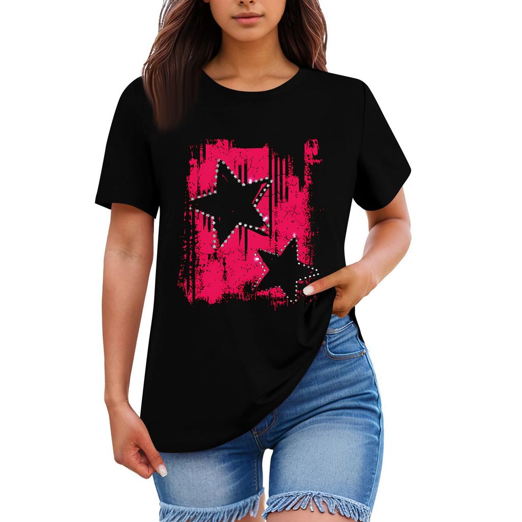 Ladies' Loose Comfortable Casual Fashionable  star Pattern Printed Round Neck Short Sleeved Shirt