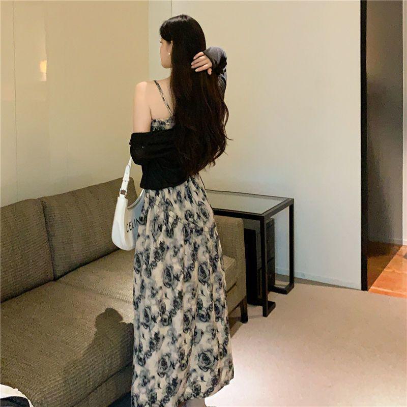 Plus Size French Floral Camisole Dress with Cardigan, Slimming Summer Long Dress for 2026