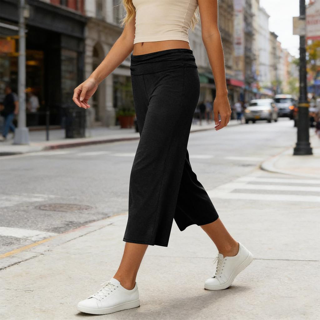 Pantaloni Capricci Larghi Elasticizzati a Vita Alta 3/4 da Donna Vestibilità Casual Pantaloni Lunghi con Tasche