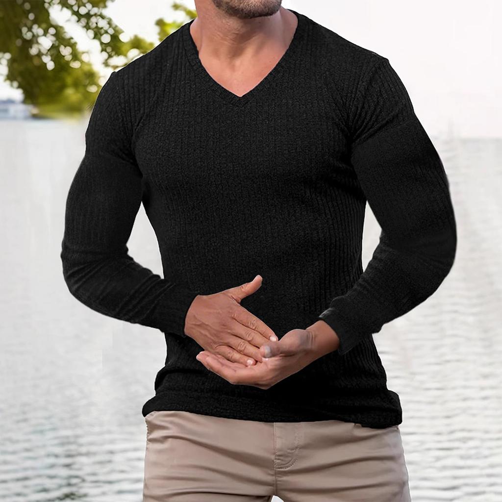Mens V Neck Long Sleeve Shirts Solid Color Textured Dressy Sweaters Blouses Fall Fashion Loose Outfits 2025