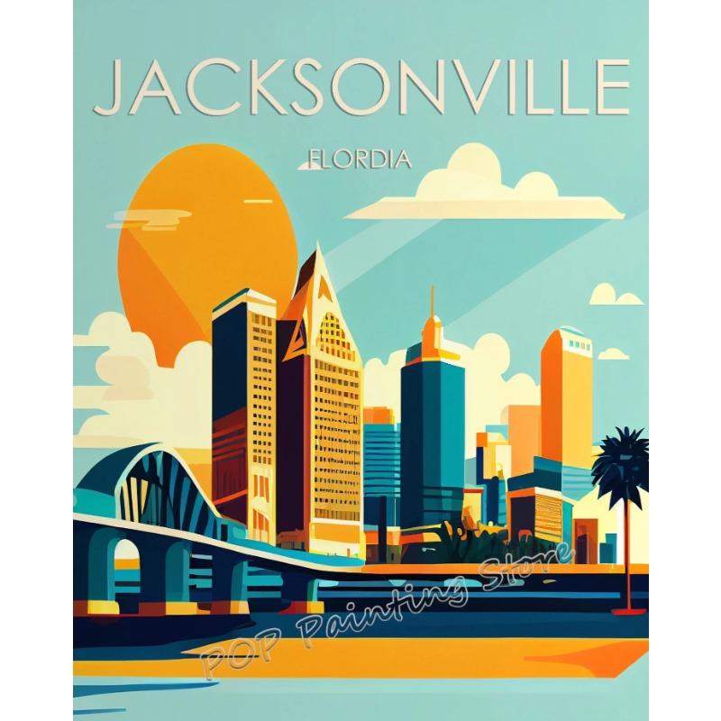 Florida Retro Travel Canvas Print Wall Art Miami Jacksonville Multi-City Vintage Poster Set Minimalist Home Decor Souvenir Gift