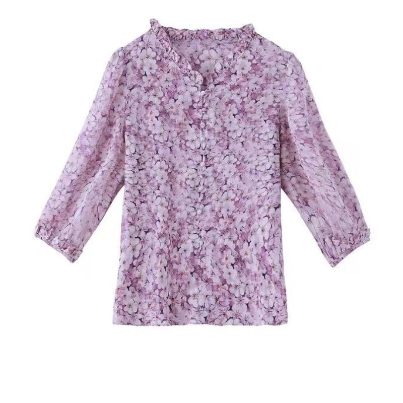 Dámská šifonová košile s květinovým potiskem, letní novinka s tříčtvrtečním rukávem, módní volný top s výstřihem do V, M-5XL