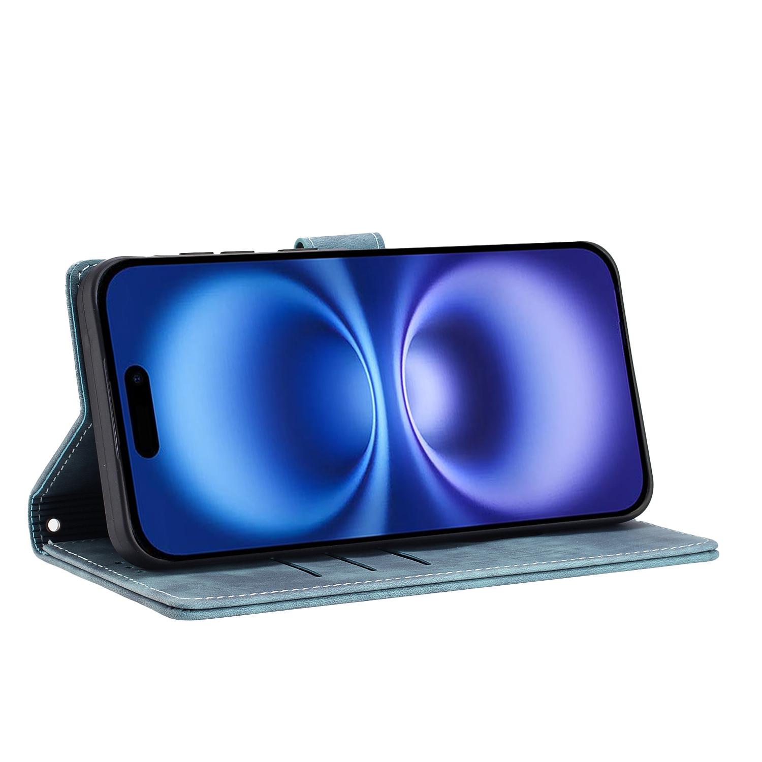 

For iPhone 16 Plus Leather Case WANLONFENG HDM Series Mandala Imprint Wallet Stand Phone Cover Blue