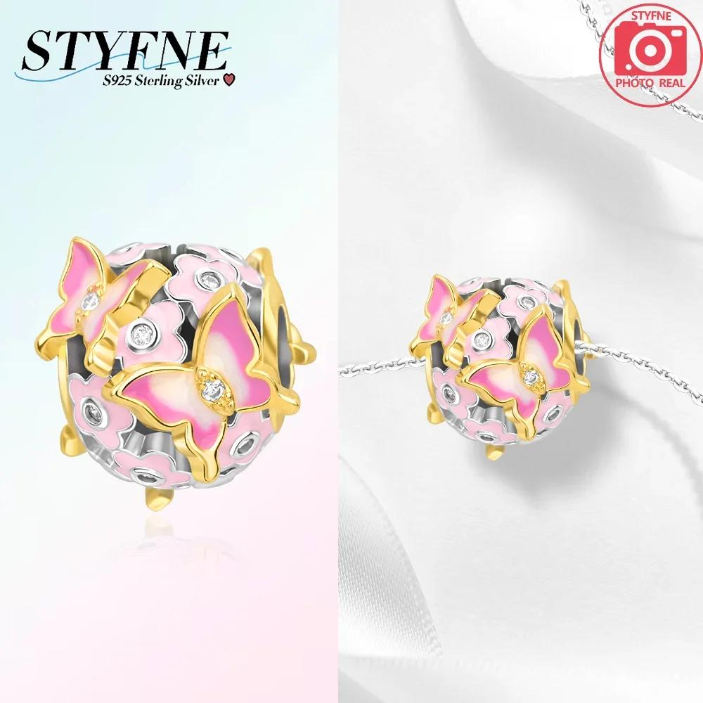 Pink Flowers Gold Butterflies Plant 925 Silver Bag Charms Beads Fit Bracelet Women Accessory Fine Gift Diy Jewelry