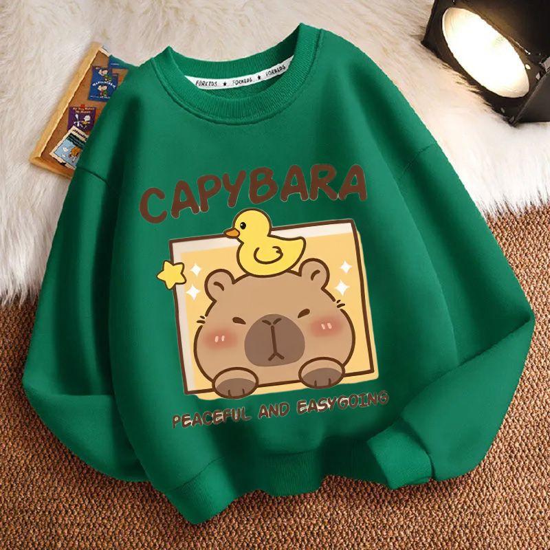 

Модная детская толстовка с капюшоном с мультяшной капибарой на весну и осень, детская свободная кофта с длинным рукавом и круглым вырезом 160