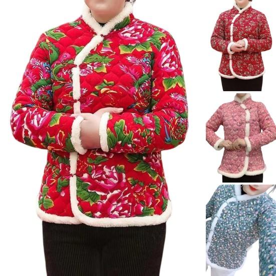 Dámské Zimní Bavlněný kabát Květinový potisk Bez rukávů Čínský etnický styl Barevně ladící Polstrovaný Tlustý plyš Teplý jednořadý dámský kabát větší velikosti