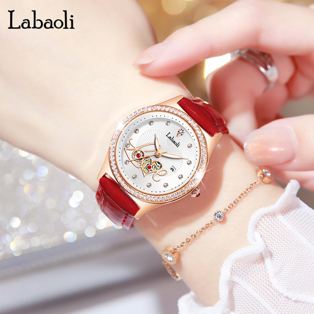 Love Watch Red Leather Strap Diamond Red and White Women's Wristwatch, Stylish, Waterproof, Simple, Business, Cute, Casual, Luxury, Gift,