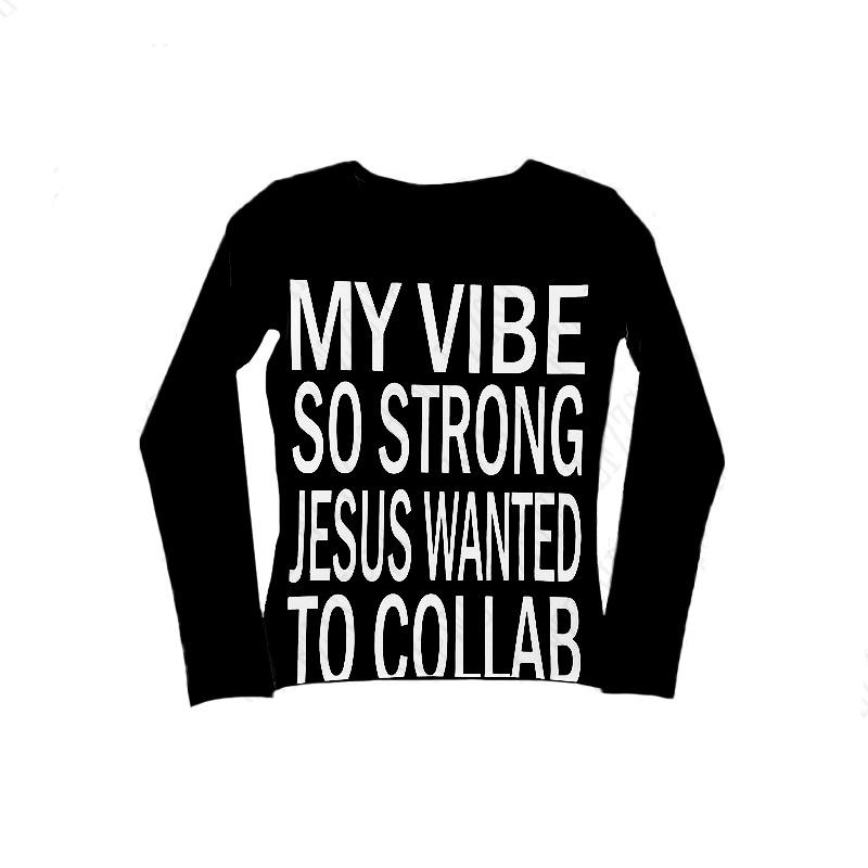 European and American Y2K letter printed round neck black casual top