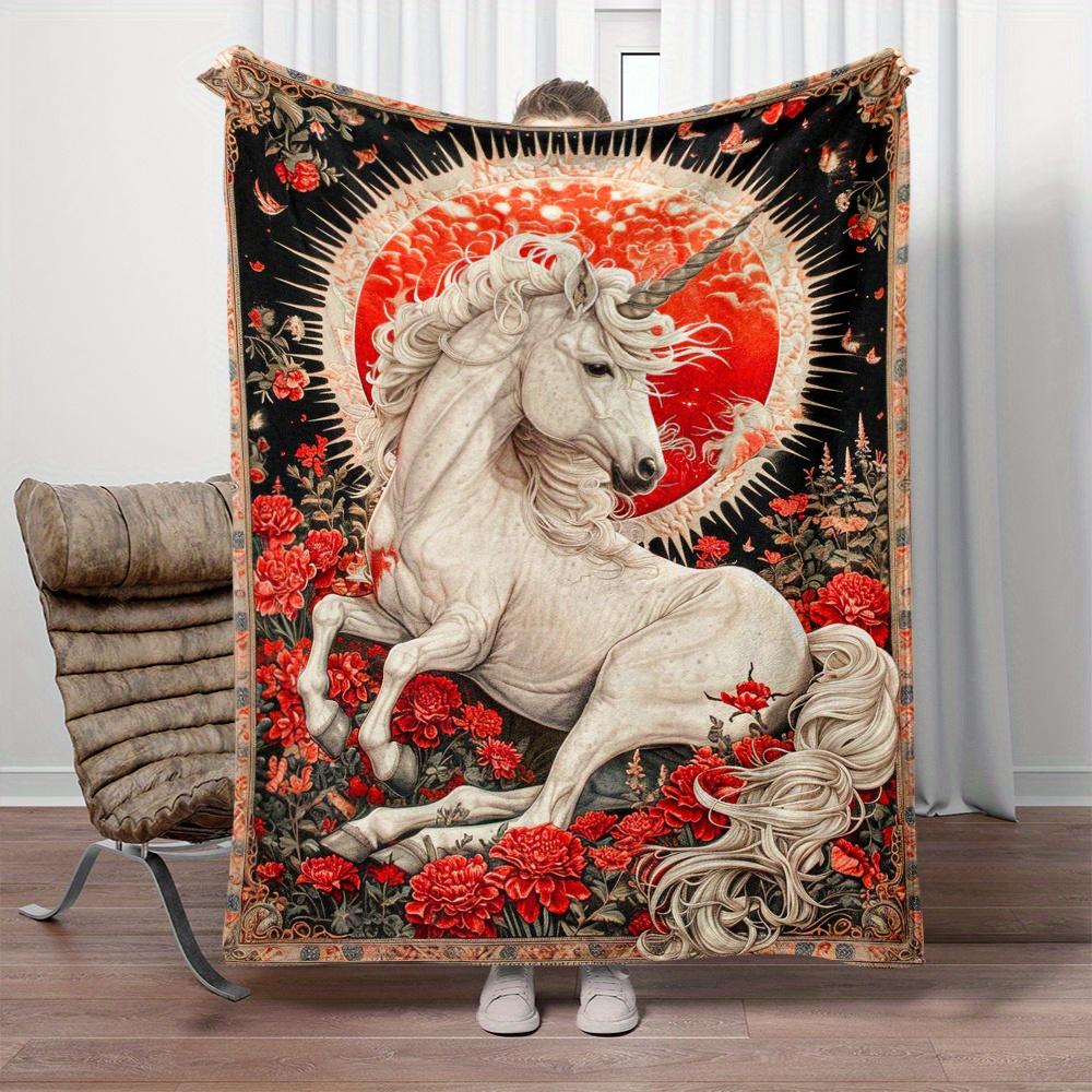 Vintage Art Unicorn And Red Rose Print Throw Blanket Soft Flannel Warm Blanket Floral Sun Pattern Sofa Bed Fantasy Decor Gift