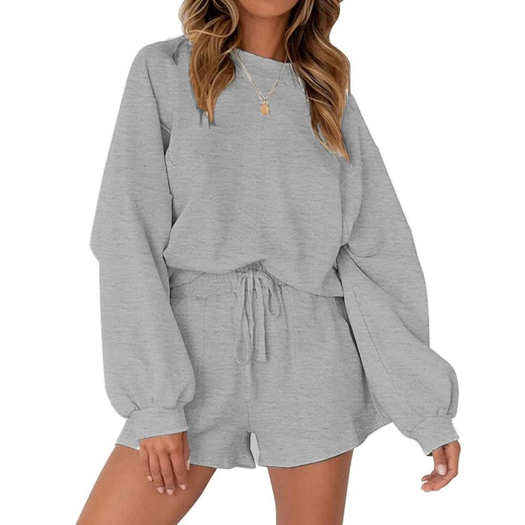 Women's Fashion Solid Color Round Neck Long Sleeve Top Elastic Waist Shorts Casual Set