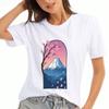 Mount Cherry Blossom Dames Katoenen T-shirt, Premium Katoen Kwaliteit Print, Duurzaam, Casual Mode. Met schilderachtige Japanse berg en delicate kersenbloesem