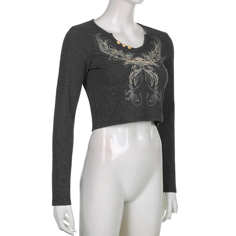 Y2k Fairy Grunge Diamonds Graphic Print Crop Top Autumn Long Sleeve Slim Fit Pullovers Tees Women Vintage White Crop Top Clothes