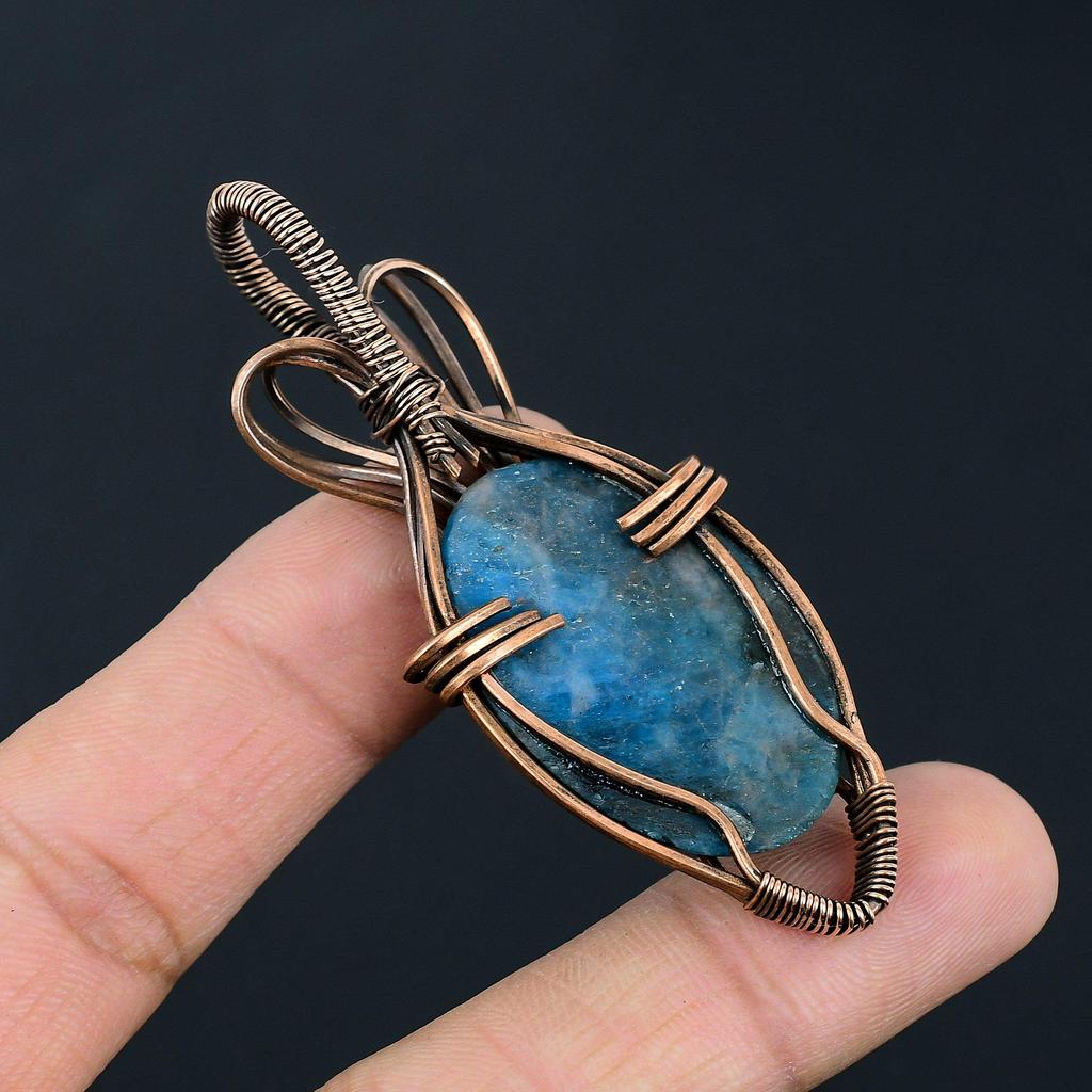 Neon Blue Apatite Gemstone Handmade Pure Copper Wire Wrap Jewelry Pendant For Women