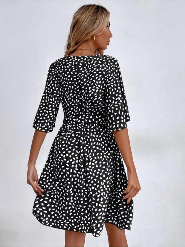 V Neck Printingt Dress Waist Hugging Dress Elegant Short Sleeve Dresses Causal Women Dress