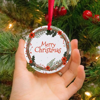 Wianek Świąteczny Drukowany Ozdoba Okrągła Merry Christmas Ozdoba Choinkowa Bombka Pokój Drzwi Wieszak Dekoracja Prezenty Prezent