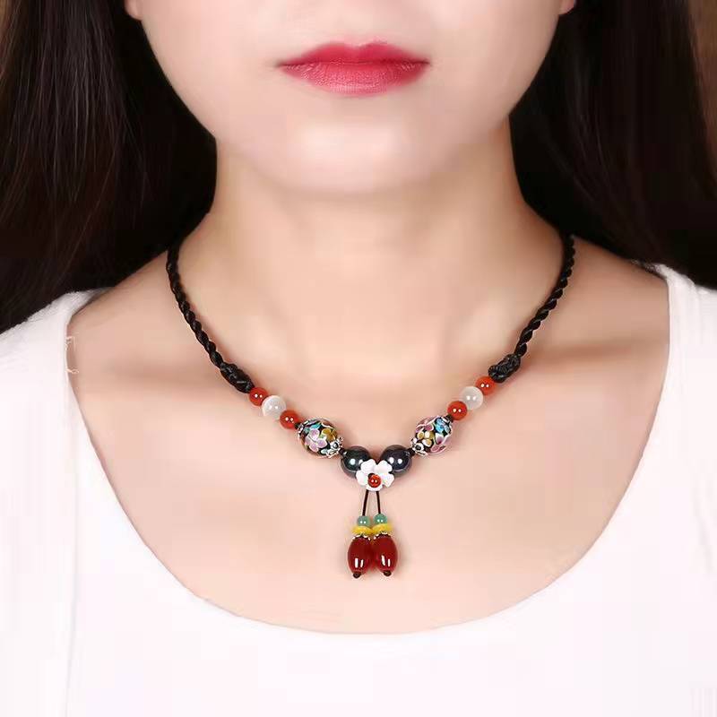 GEMCHIC Women s Ethnic Style Glass Flower Collarbone Necklace Handmade Braided Rope Choker Vintage Beaded Pendant Jewelry