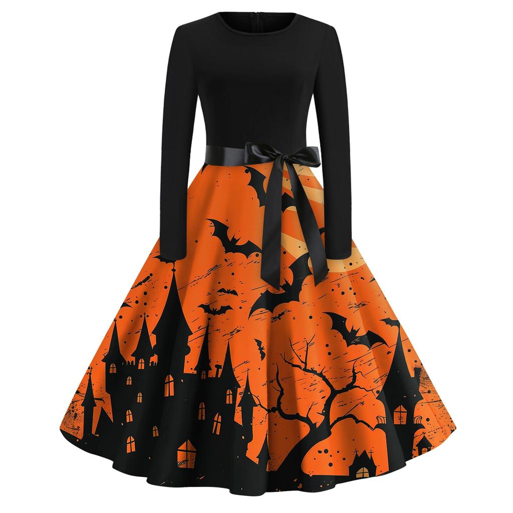 Halloween Print Flare Dress For Women Long Sleeve Dress Hollow Party Casual Round Neck Dresses