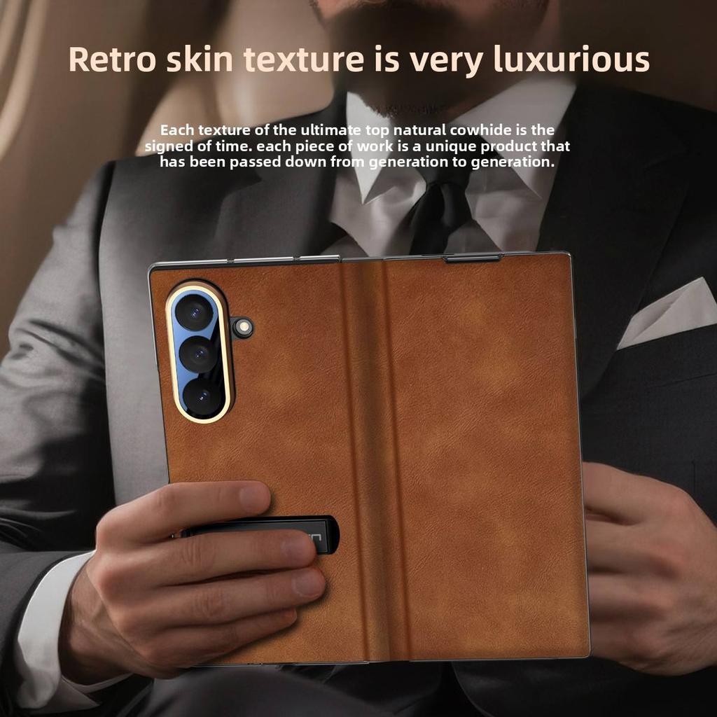 New Retro Leather Pattern Tempered Film Integrated Leather Metal Full Shockproof Phone Case for Samsung Z Fold 7 6 5