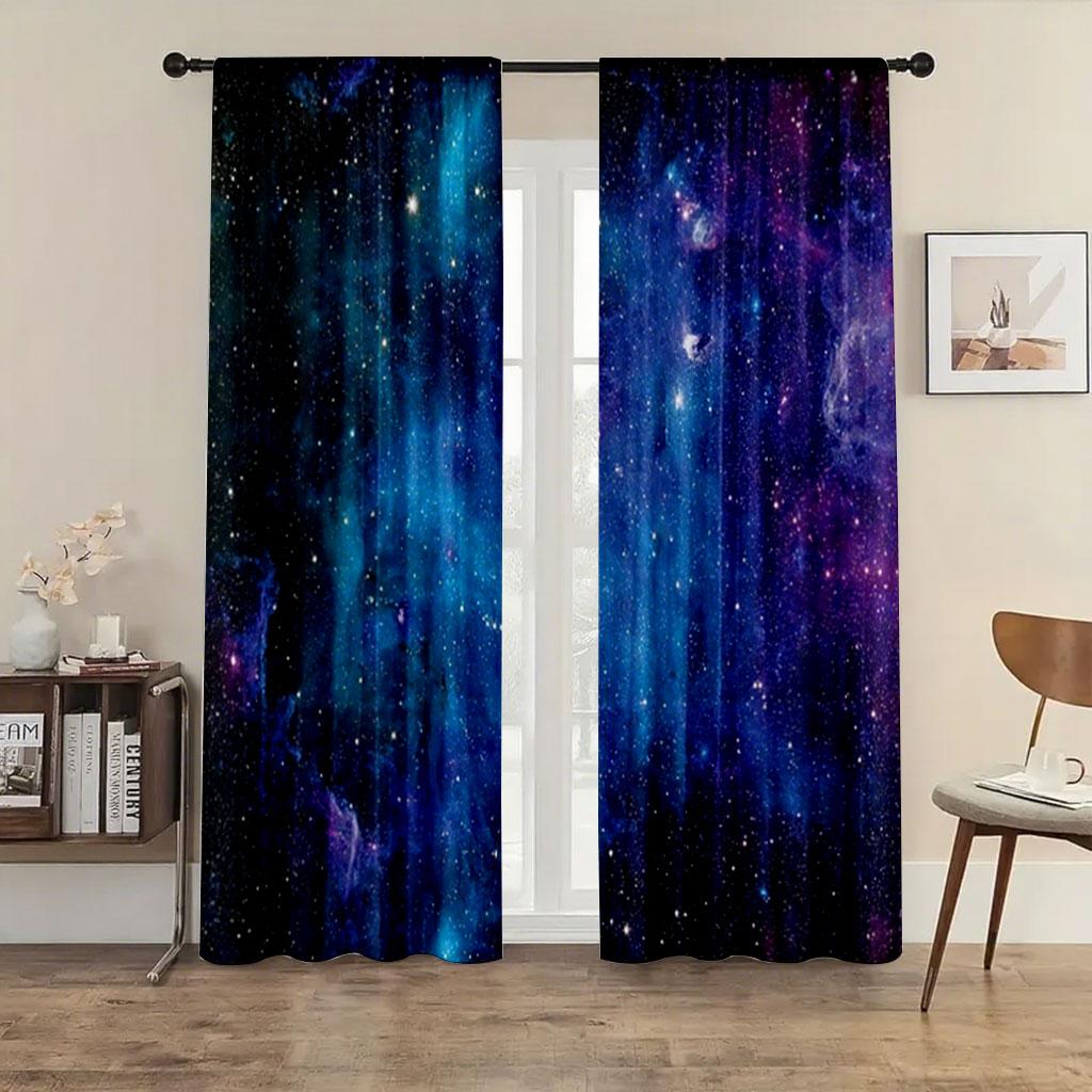 2PC Galaxy Starry Night Curtains - Cosmic Nebula Print Window Drapes for Boys Bedroom Gaming Room Decor