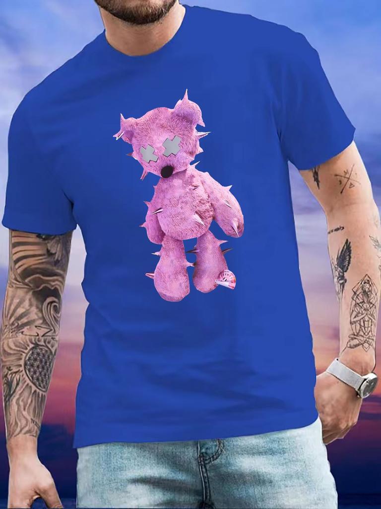Bear Print Men's Luxurious Cotton Short Sleeved T-shirt for Summer Unisex Men's and Women's Casual Loose Trendy Clothing