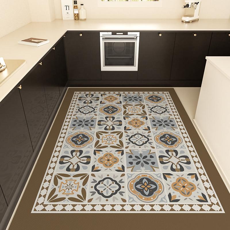 Geometric Pattern Kitchen Carpet Retro Floral PVC Carpets Plaid Ethnic Style Floor Mat Waterproof Non-slip Mats Anti-scratch Rug