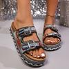 Women's Plus Size Summer Platform Chunky Sole Color Block Rhinestone Double Buckle Cork One Strap Slide Sandals