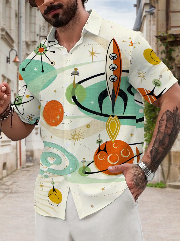 [Holiday Parties, Commuting] New Men's Casual Short-Sleeve Shirt, Vintage-Style Whimsical Interstellar Adventure with Adorable Cat Riding a Spaceship