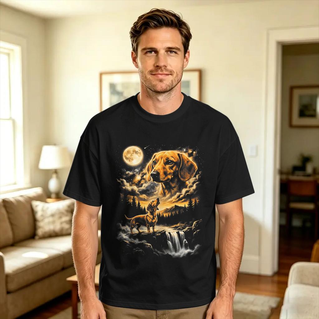 Vintage Dachshund Howling To The Moon 90s Retro Animals T Shirt Summer 100 Cotton T Shirts For Unisex Design Tshirt Short Sleeve