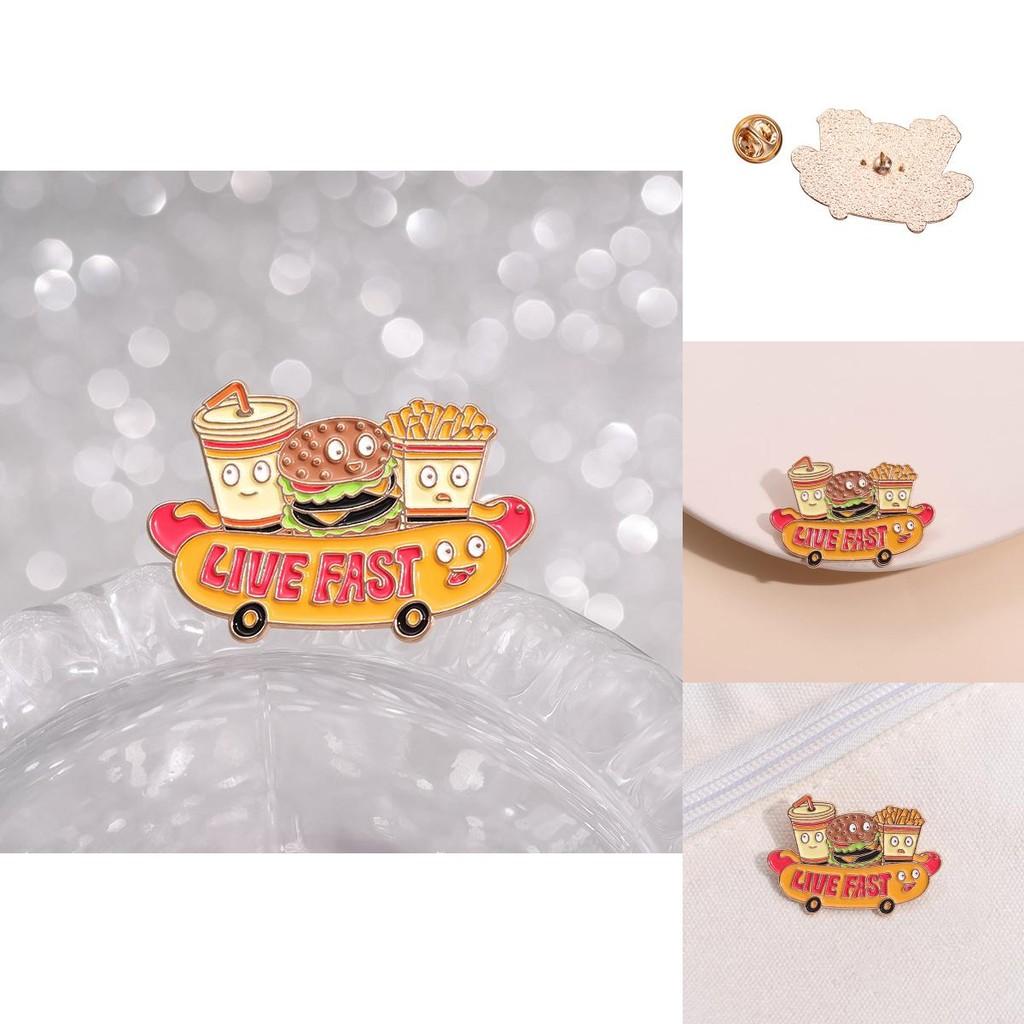 Unique Alloy Badge With Playful Cartoon Style Hamburger Fries Cola And Hot Dog Character