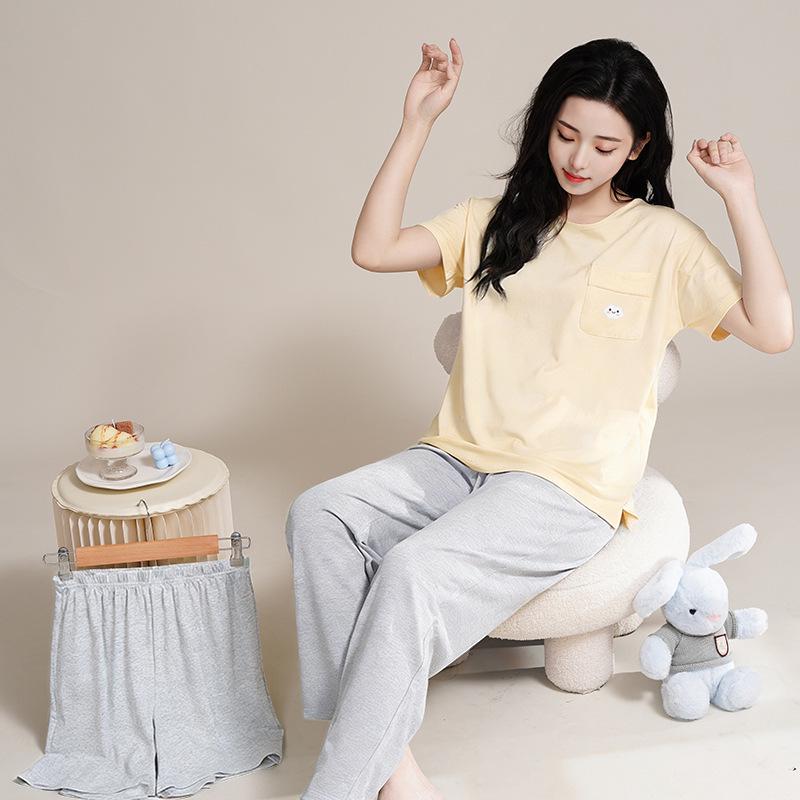 

Women s 100% Cotton Pajama Set: Spring/Summer Short Sleeve, Long Pants, Three-Piece Home Wear 2XL