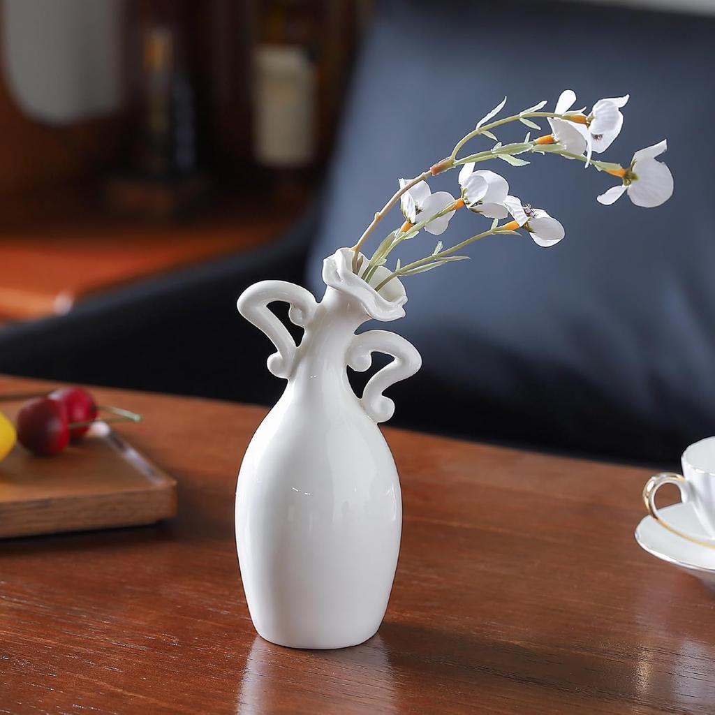 Vase with Attitude, White Ceramic Small Neck Vases, Novel and Lovely Unique Shape Vase, 7inch Modern Home Decoration Vases, Can Be Used As A