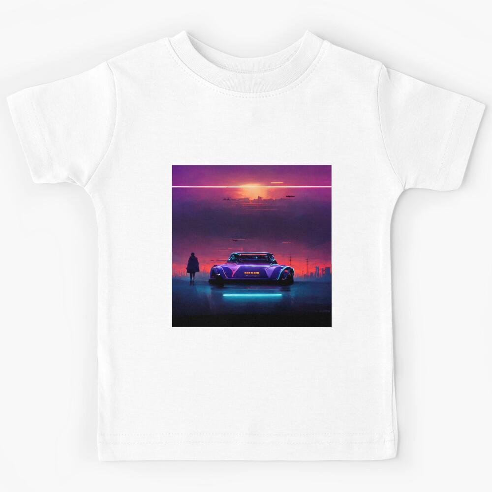 Woman Beside Futuristic Car Overlooking A Cyberpunk Blade Runner City Kids T-Shirt 170