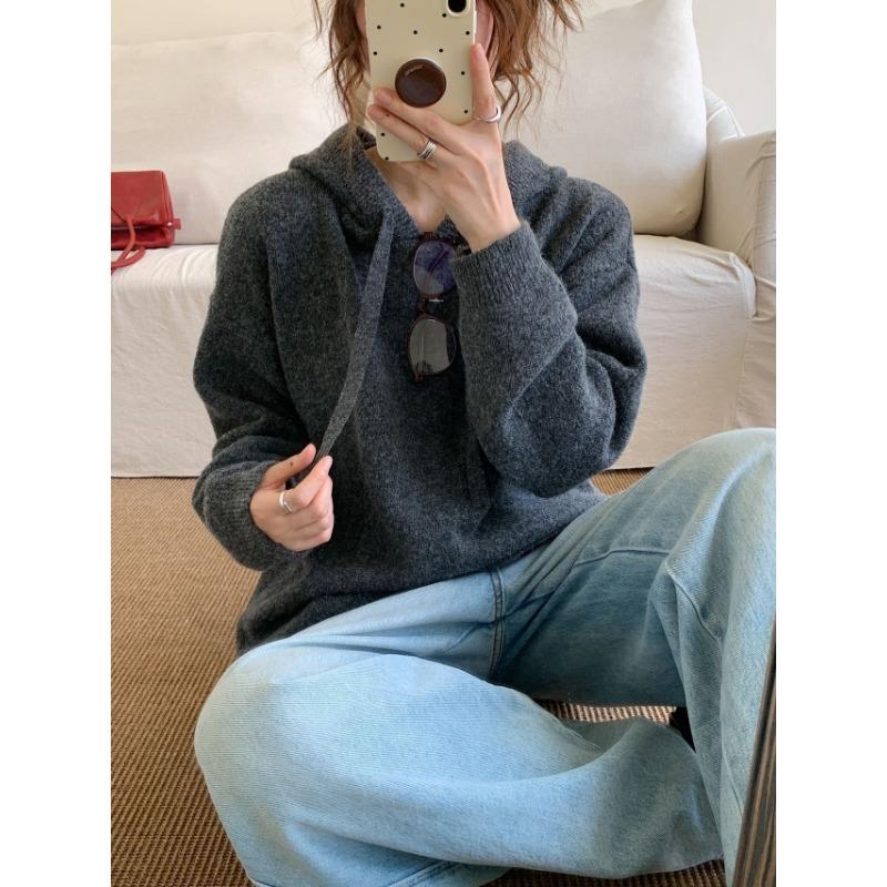 Solid Color Pullover Hoodie Sweater Women's Autumn and Winter New Retro Loose and Thin Lazy Style Knitted Sweater Jacket