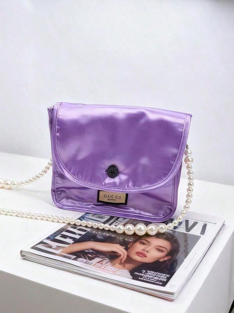 Gucci Purple Square Makeup Bag, DIY Pearl Chain Storage Bag, Fashionable Shoulder Bag