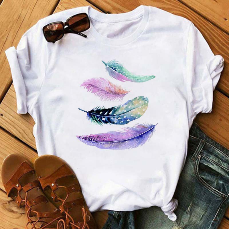Fashion Women T Shirt Funny Butterfly Feather Print Tshirt T Shirt Summer Short Sleeve Tops Tee Female Feather T-shirts