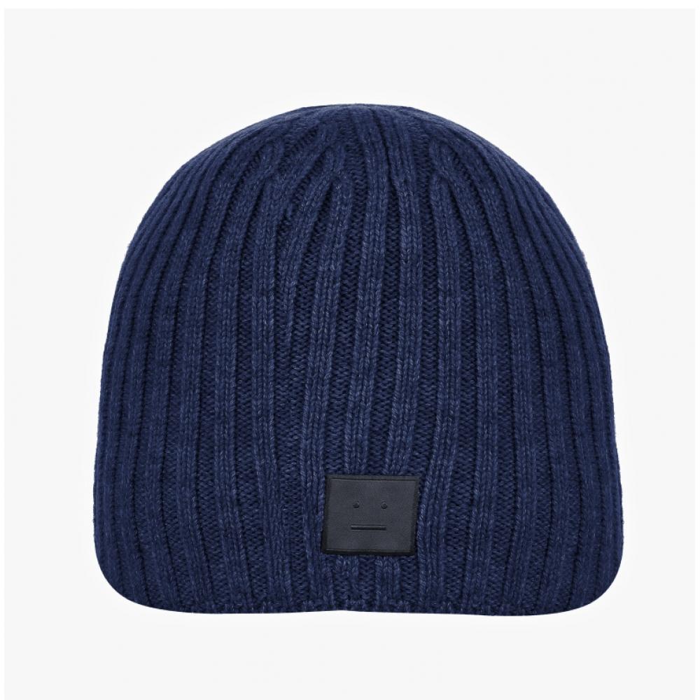 Acne Studio C40387 Navy Melange  Ahe  Face Logo Patch Beanie