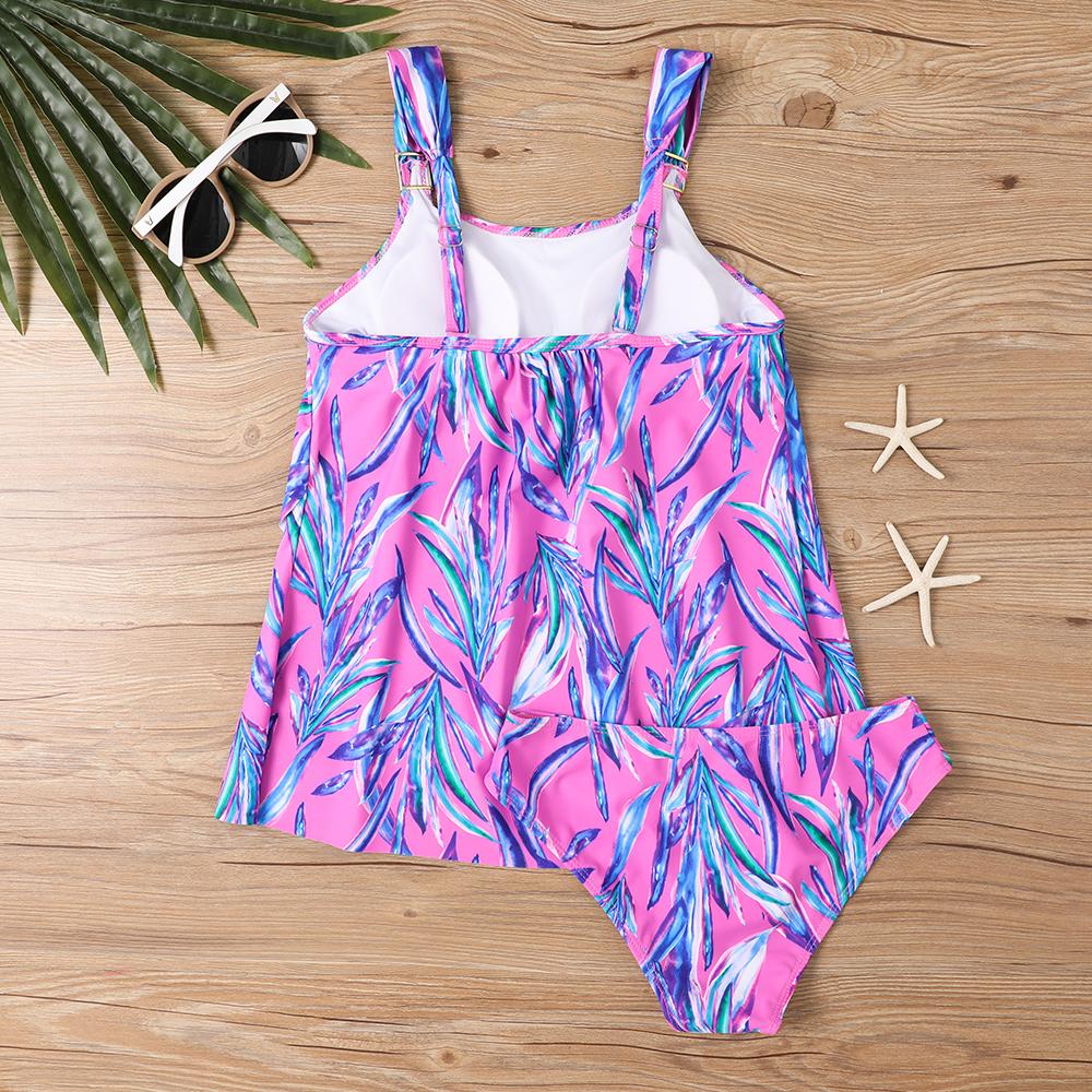 Plus Size Women Fashion Sexy Round Neck Dark Cherry Blossoms Bikini Set Slim Fit Beach Swimsuits Two Piece Set