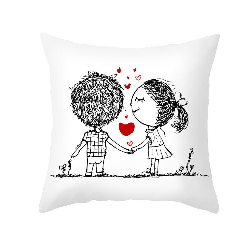 Home Valentine's Day Pillow Case Peach Skin Print Couple Love Heart Sketch Pillow Cushion