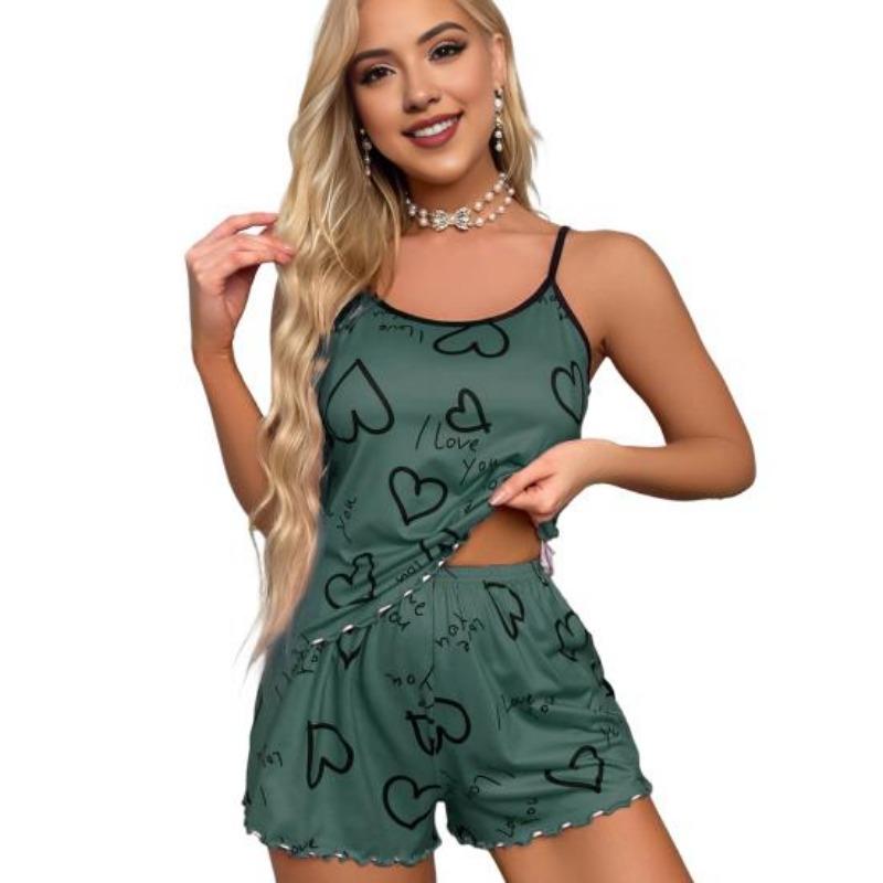 2 Pcs/Set Women O Neck Sleeveless Top Elastic Heart Print Strappy Pajamas Set High Waist Shirring