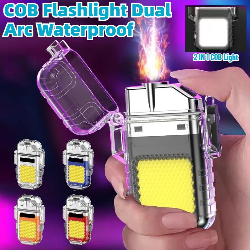 Outdoor Waterproof Mini COB Keychain Flashlight Pocket Dual Arc Lighter Type-C Rechargeable 3 Lighting Modes for Camping Multifunctional Work Light