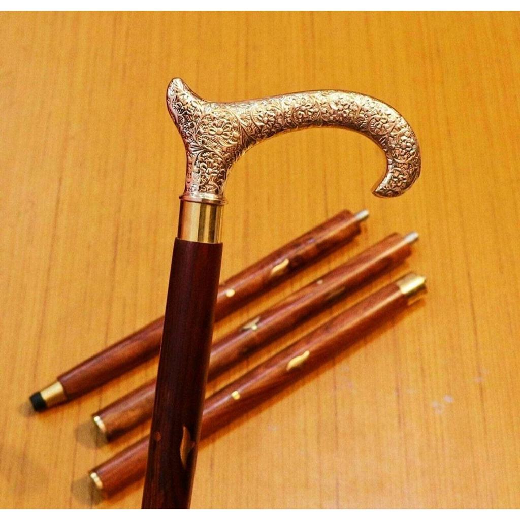 Vintage Walking Stick Brass Golden Handle With Beautiful Wooden Stick (37-inch) Walking Stick