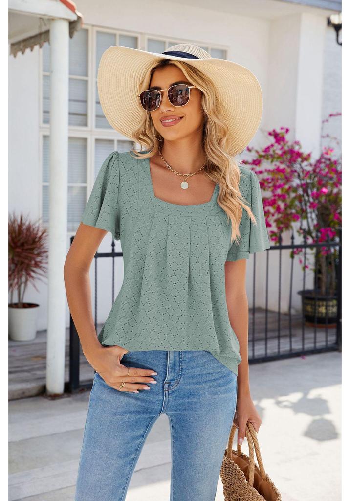 EU Cross-Border Women's Square Neck Pleated Short Sleeve Loose T-shirt 2024 Spring/Summer Collection