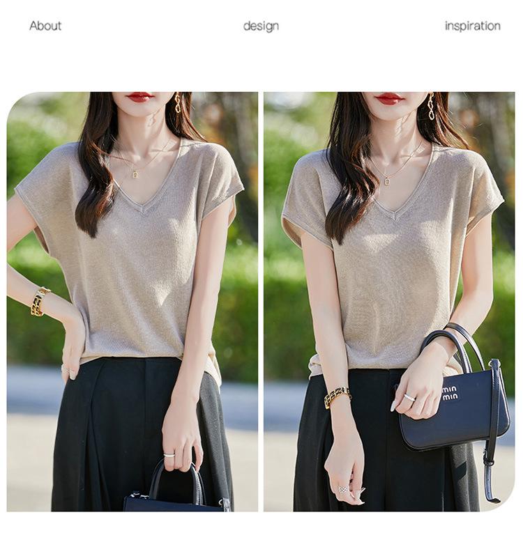 Women's V-Neck Lyocell Linen Knit T-Shirt - Spring/Summer 2026